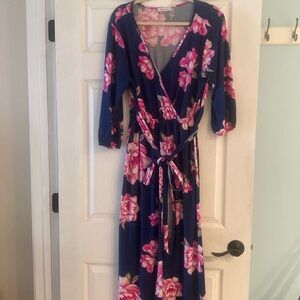 Navy blue pink flowered maxi dress
